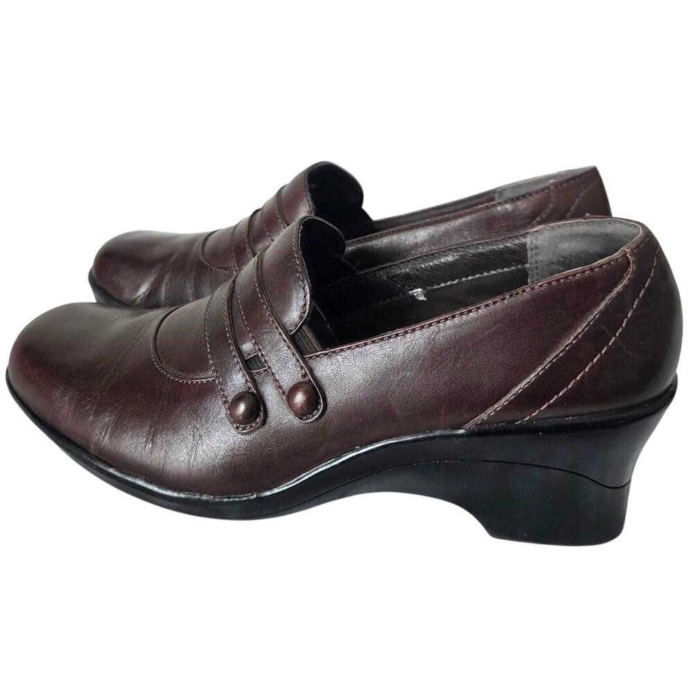 Clarks May Marigold Brown Leather Wedge Womens 7.5 Heel Round Toe Comfort Boho